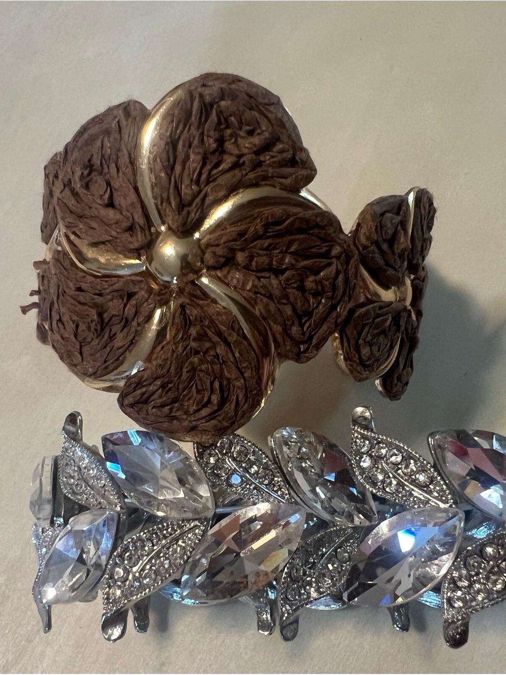 Brown Floral Cuff Bracelet with Gold Accents-Silver and Crystal stretch